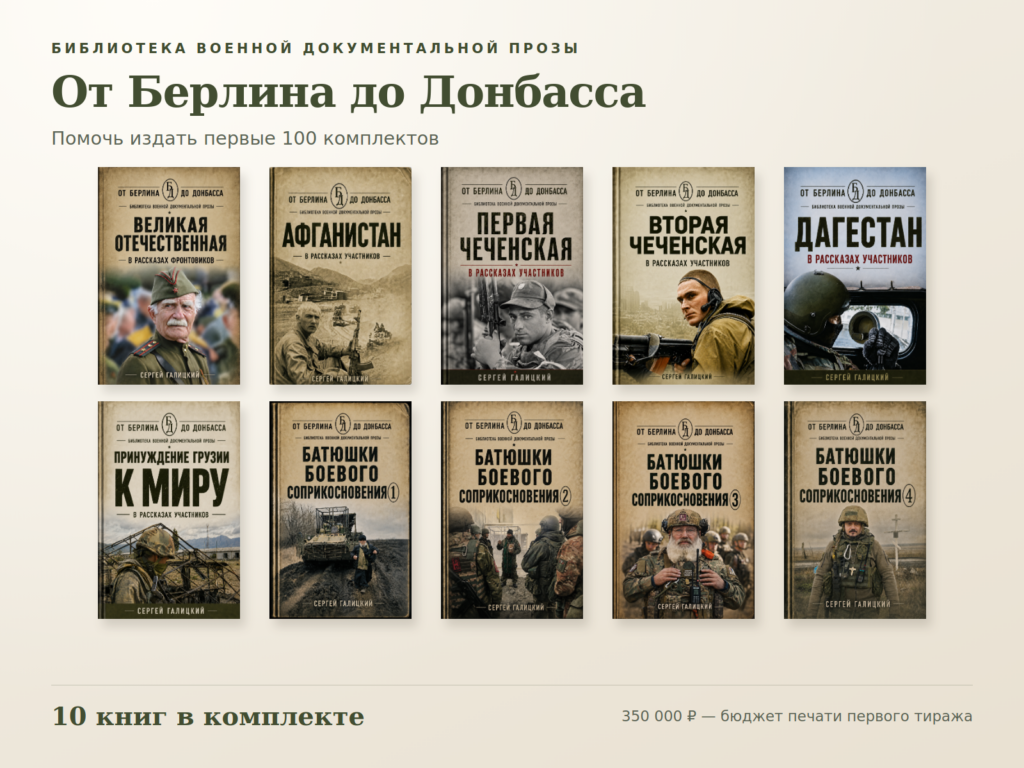 Десять книг библиотеки «От Берлина до Донбасса». Сбор 350 000 рублей на печать первых 100 комплектов.